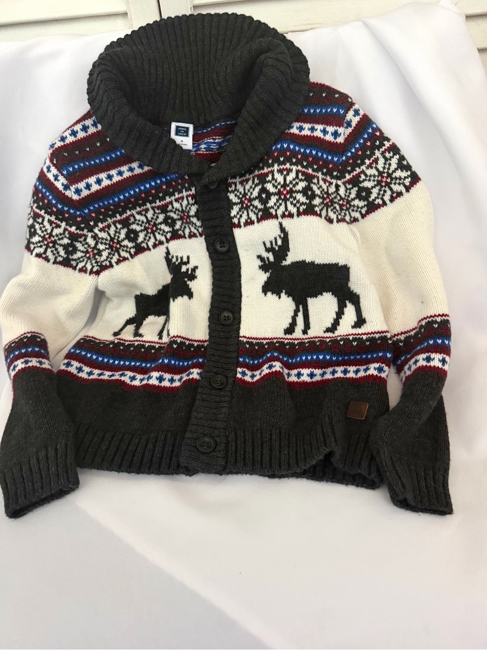 Janie and Jack Charcoal, Cream Fair Isle Moose Shawl-Collar Button Cardigan